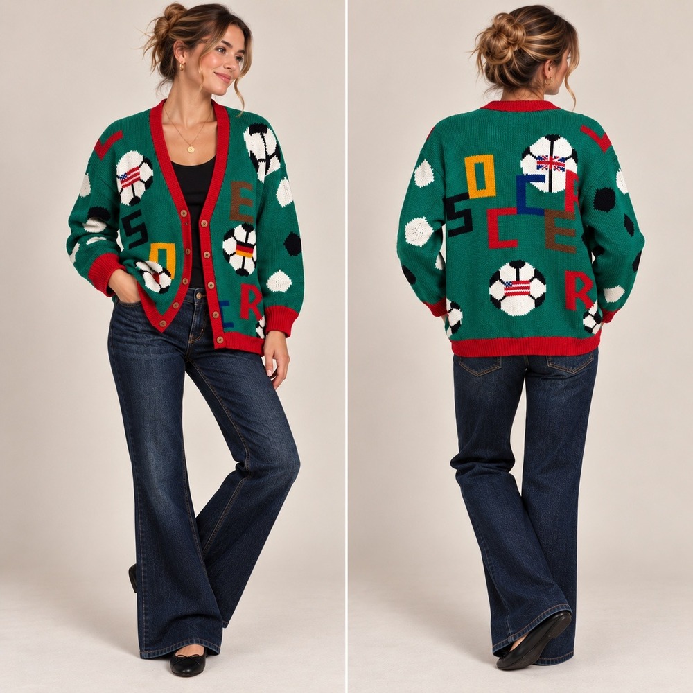 Lumy Hand Knitted Soccer Cardigan Vintage 90s Green Cotton Sweater Large